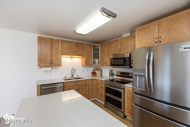 kitchen with sink, appliances with stainless steel finishes, and light hardwood / wood-style flooring