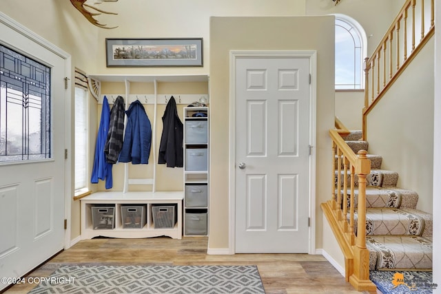 mudroom with light hardwood / wood-style flooring