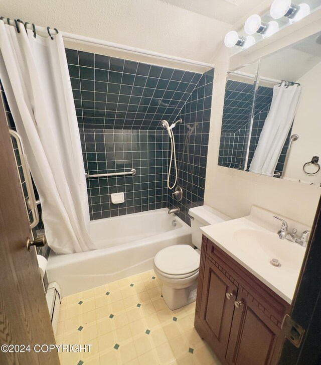 8111 Northview Dr, Anchorage, AK 99504 - bathroom with shower / bath combo, vanity, toilet, tile patterned floors, and baseboard heating