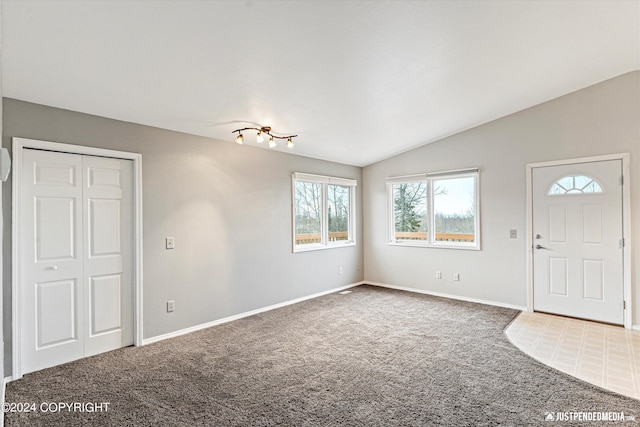 foyer entrance with lofted ceiling and carpet flooring