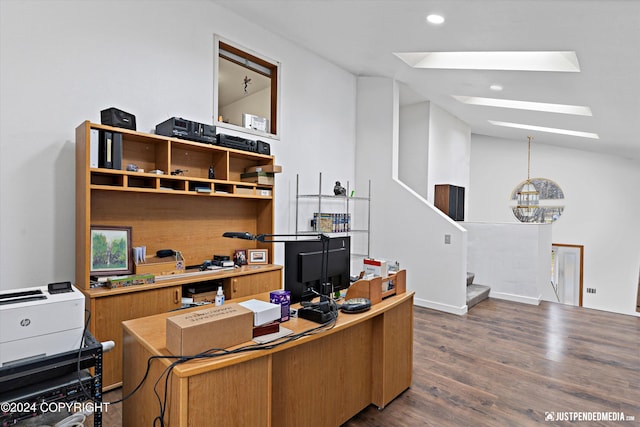 office space featuring lofted ceiling and dark wood-type flooring