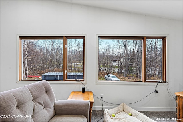 living area with lofted ceiling, carpet flooring, and a healthy amount of sunlight