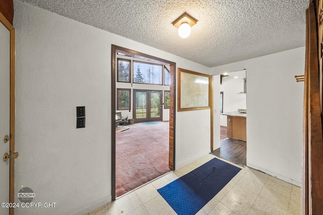 4480 E 138th Ave, Anchorage, AK 99516 - entryway with a textured ceiling, a textured wall, french doors, baseboards, and light floors