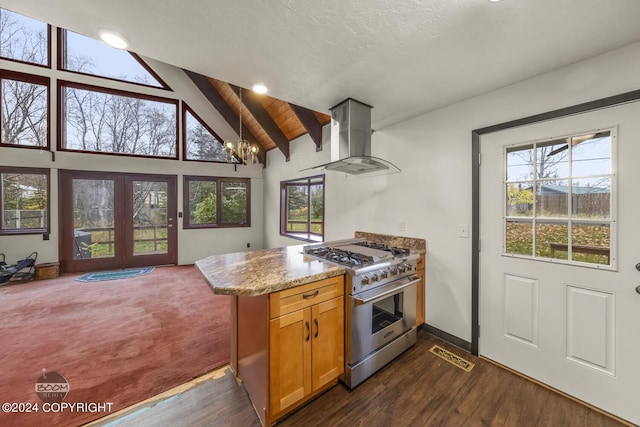 4480 E 138th Ave, Anchorage, AK 99516 - kitchen featuring high end range, island exhaust hood, a peninsula, a chandelier, and dark wood-style floors