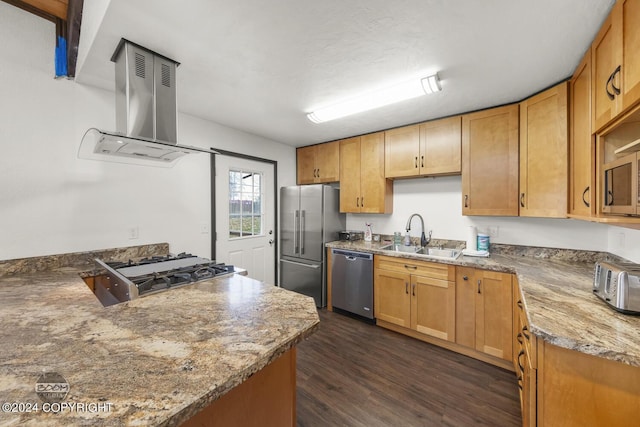 4480 E 138th Ave, Anchorage, AK 99516 - kitchen with stainless steel appliances, a sink, island range hood, dark wood-style flooring, and stone countertops