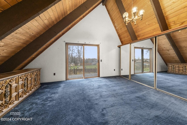 4480 E 138th Ave, Anchorage, AK 99516 - additional living space with wooden ceiling with exposed beams, a chandelier, carpet floors, healthy amount of natural light, and high vaulted ceiling