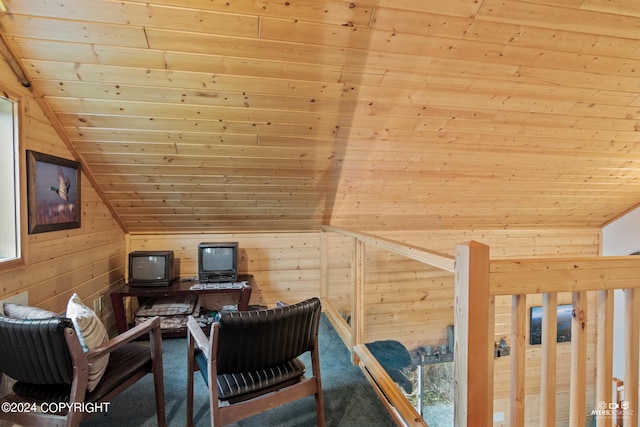 office with wood walls, plenty of natural light, wood ceiling, and vaulted ceiling