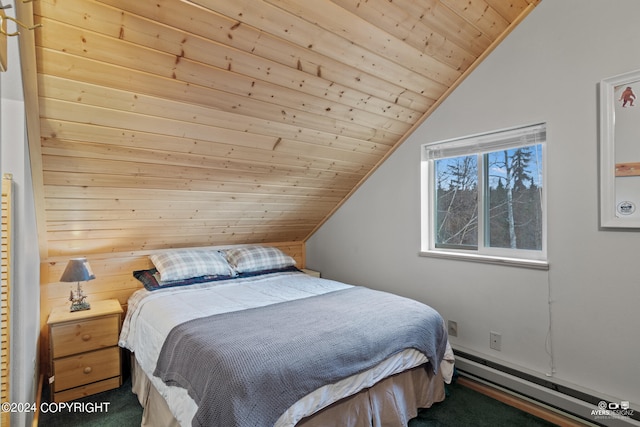 bedroom with carpet floors, wooden ceiling, vaulted ceiling, and a baseboard radiator