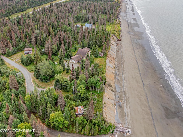 drone / aerial view featuring a beach view, a forest view, and a water view