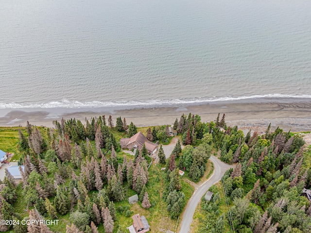 birds eye view of property with a beach view and a water view