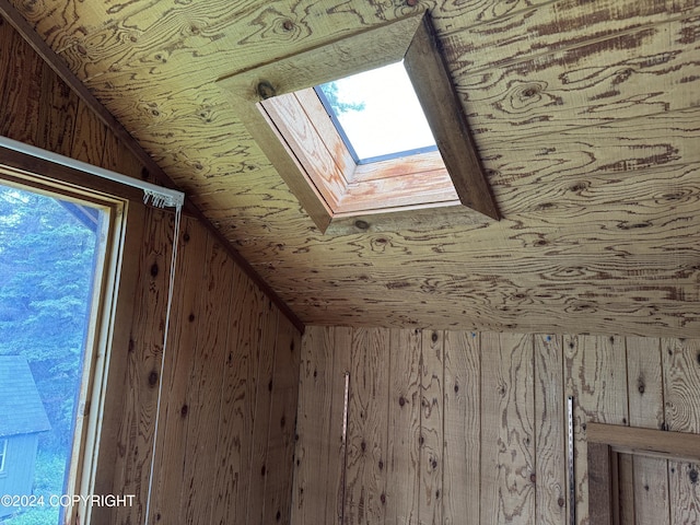 room details featuring a skylight and wood walls