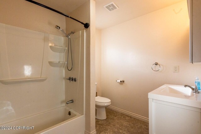 65449 Lingonberry Rd, Ninilchik, AK 99639 - bathroom with visible vents, toilet, vanity, baseboards, and bathtub / shower combination