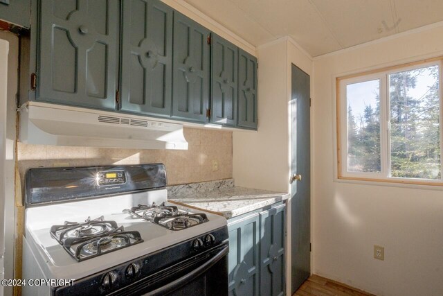 65449 Lingonberry Rd, Ninilchik, AK 99639 - kitchen with range with gas cooktop, tasteful backsplash, wood finished floors, crown molding, and under cabinet range hood