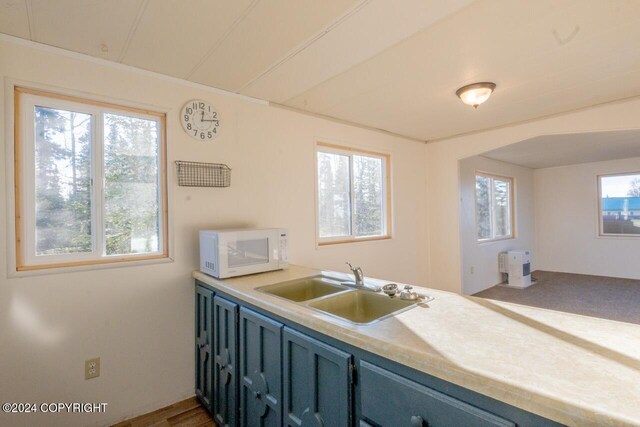 65449 Lingonberry Rd, Ninilchik, AK 99639 - kitchen featuring light countertops, blue cabinetry, white microwave, and a sink