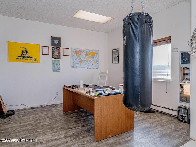 office area with a baseboard radiator and wood finished floors
