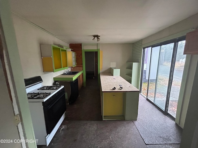 kitchen featuring white gas range oven and sink