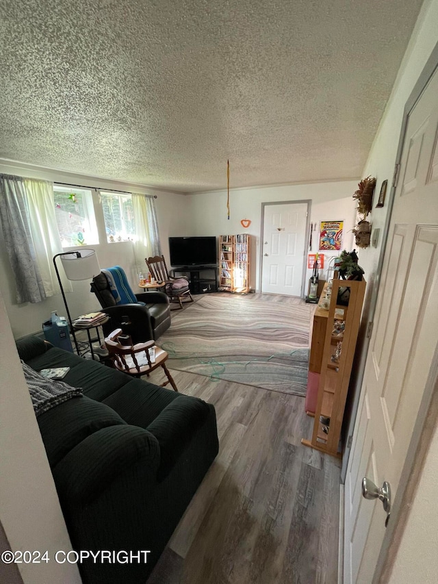 living room with wood-type flooring and a textured ceiling