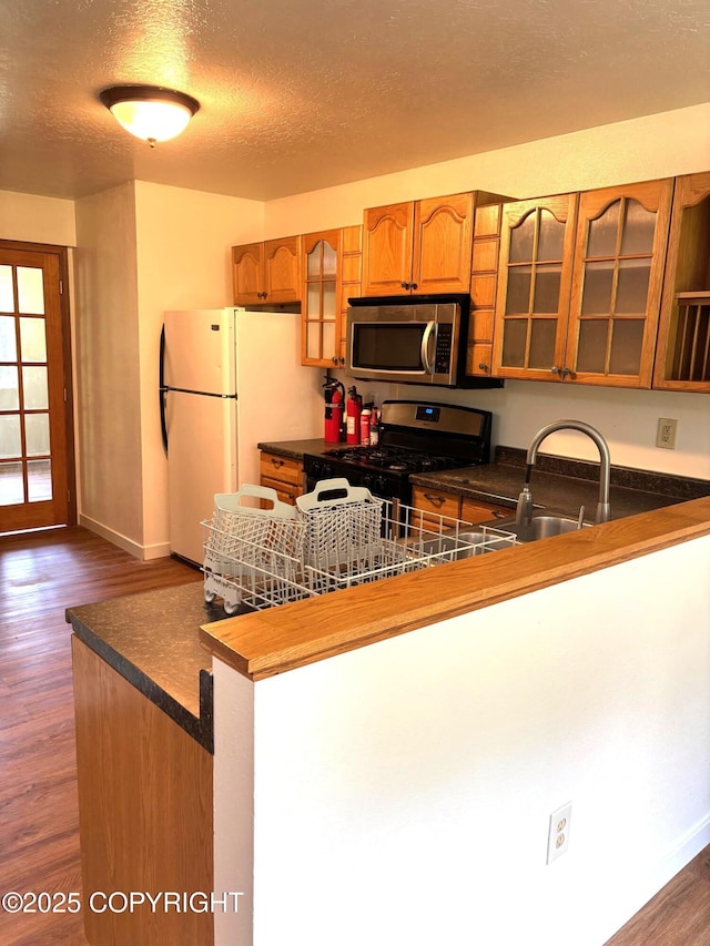 7025 S Gilleys Cir, Wasilla, AK 99654 - kitchen with stainless steel appliances, dark countertops, a peninsula, glass insert cabinets, and dark wood-style flooring