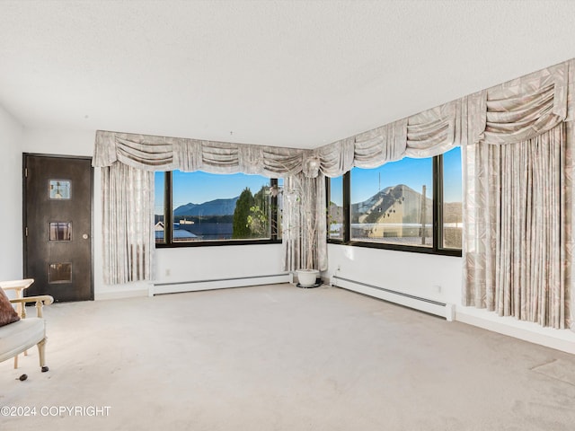 home theater room with carpet flooring, a textured ceiling, and a baseboard heating unit