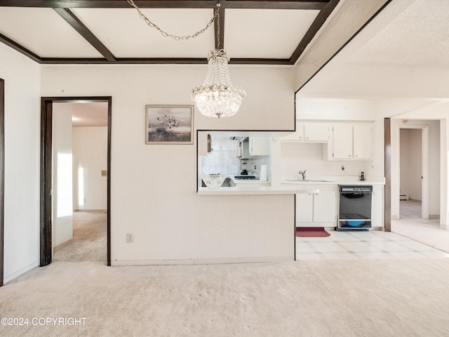 interior space featuring beam ceiling, sink, an inviting chandelier, a baseboard heating unit, and light colored carpet