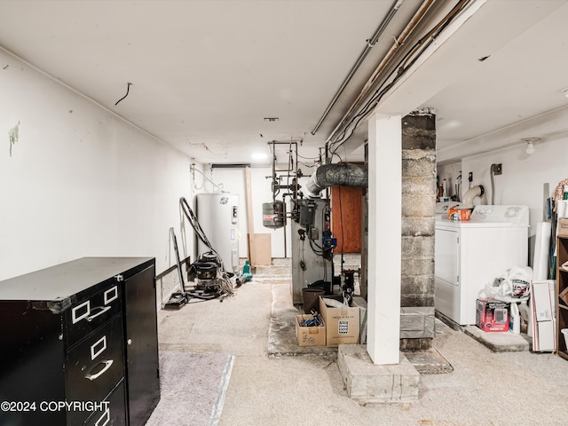 basement with electric water heater and carpet floors