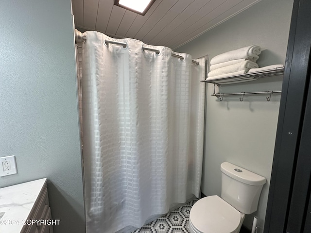 bathroom featuring toilet, vanity, wooden ceiling, and a shower with shower curtain