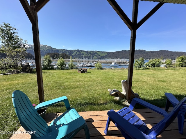 view of yard with a water and mountain view