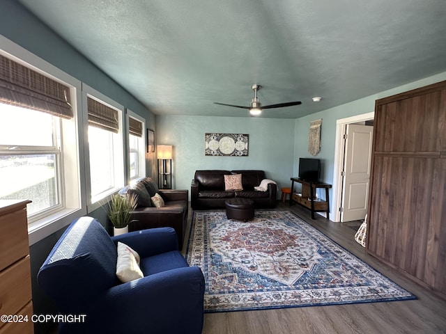 living room featuring ceiling fan, hardwood / wood-style floors, and a textured ceiling