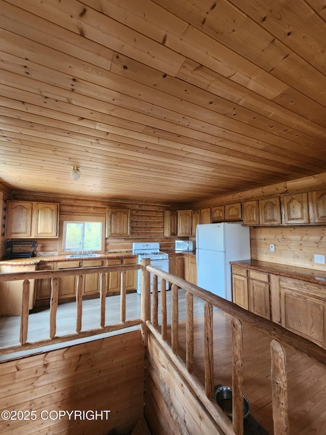 28160 Chestes St, Ninilchik, AK 99556 - kitchen with white appliances, wooden ceiling, and a sink