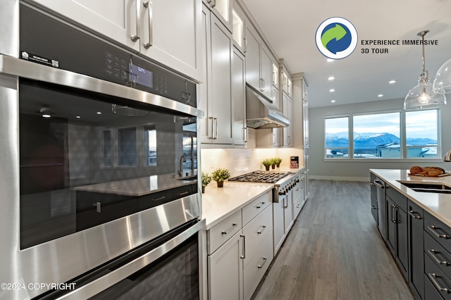 kitchen featuring sink, appliances with stainless steel finishes, hardwood / wood-style floors, white cabinets, and pendant lighting