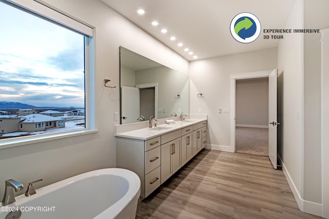 bathroom featuring hardwood / wood-style floors, a bath, and vanity