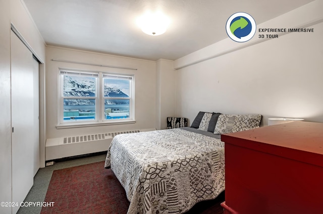 carpeted bedroom with radiator heating unit and a closet