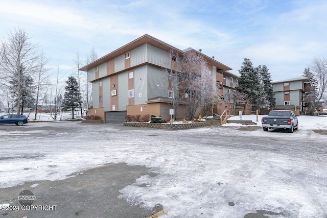 view of snow covered building