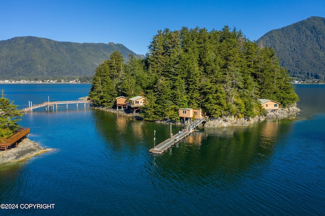 property view of water with a mountain view and a dock