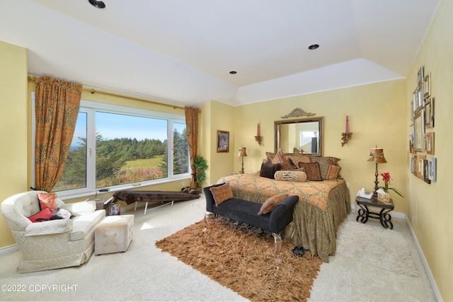 bedroom with lofted ceiling and carpet flooring