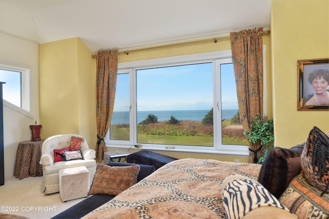 bedroom with a water view, multiple windows, and light colored carpet