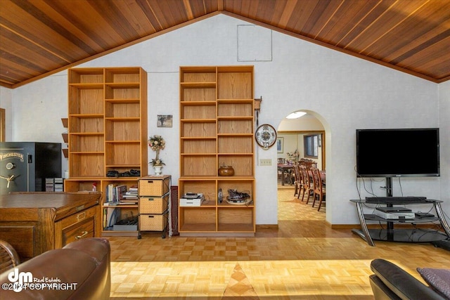 living room featuring wooden ceiling, light parquet floors, and high vaulted ceiling