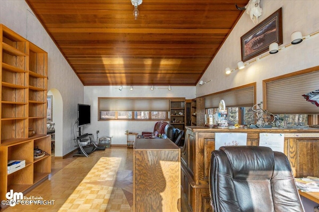 interior space featuring wood ceiling, light parquet flooring, and high vaulted ceiling