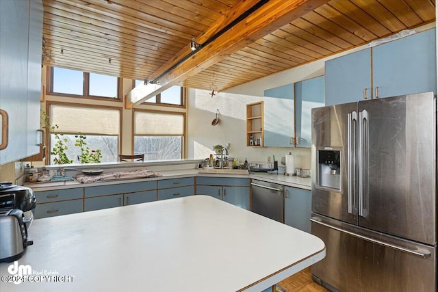 kitchen with sink, appliances with stainless steel finishes, beam ceiling, backsplash, and wood ceiling