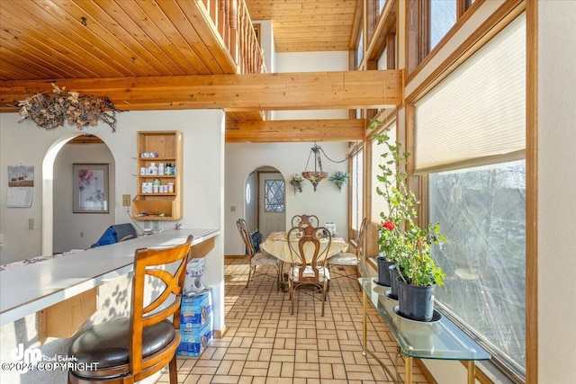 dining room with wood ceiling