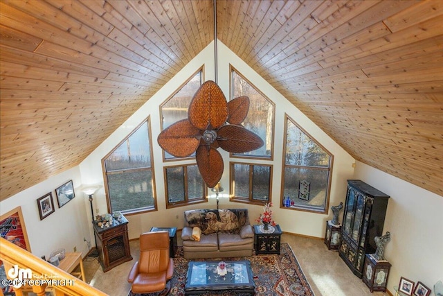 living room featuring lofted ceiling, wooden ceiling, ceiling fan, and carpet floors