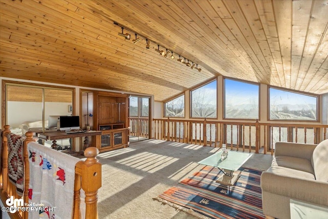 living room with carpet flooring, rail lighting, wood ceiling, and vaulted ceiling