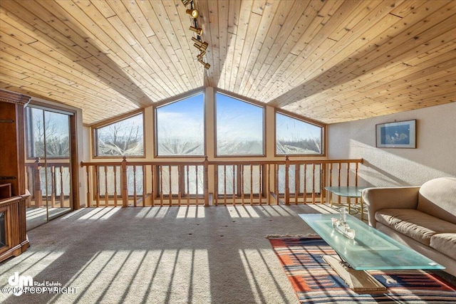 interior space featuring lofted ceiling, wooden ceiling, and carpet floors