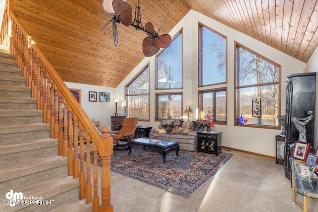 living room featuring carpet flooring, high vaulted ceiling, and wooden ceiling