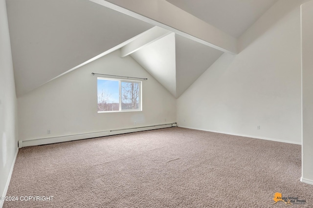 bonus room with lofted ceiling with beams, carpet flooring, and baseboard heating