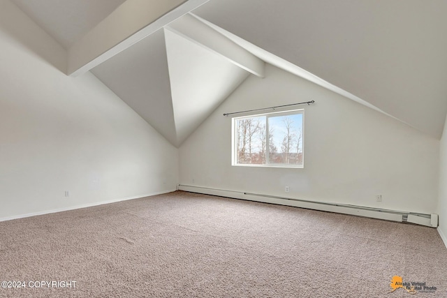 bonus room featuring carpet, a baseboard heating unit, and lofted ceiling with beams