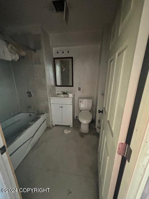 full bathroom with vanity, shower / tub combination, toilet, and tile walls