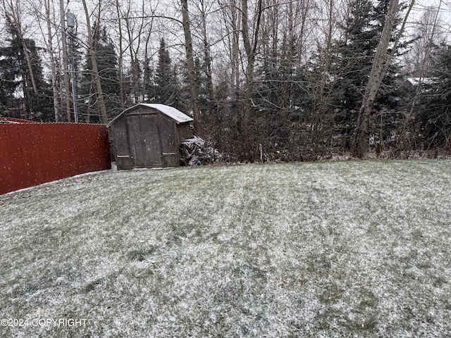 view of yard featuring a storage shed