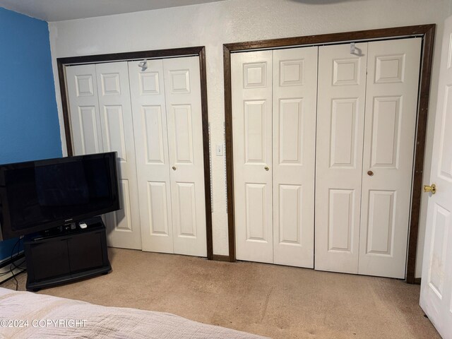 carpeted bedroom featuring two closets