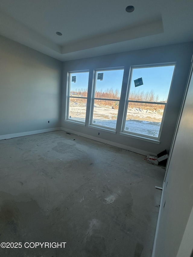 unfurnished room with a tray ceiling and a wealth of natural light